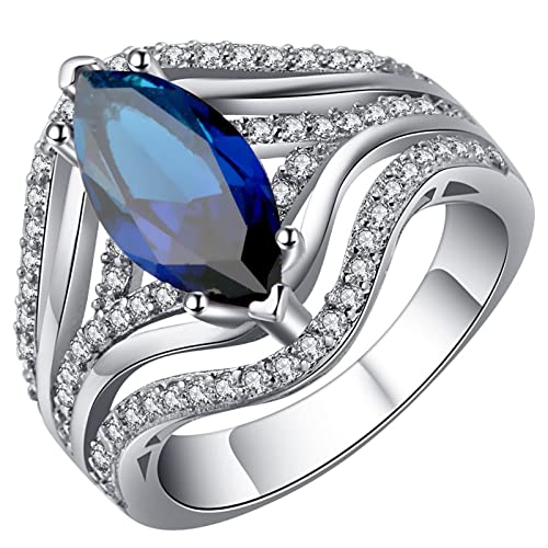 Ring mit Stein Damen, Verlobungsring Silber mit Blauem Marquise-Zirkonia Versilbert Schmuck Größe 62 (19.7) mit Box von Dsnyu