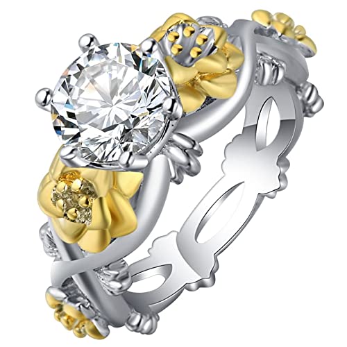 Ring mit Stein Vintage, Engagement Ring for Women Silber Gold Blume mit Rundem Zirkonia Versilbert Damen Schmuck Größe 52 (16.6) Komfort Fit von Dsnyu