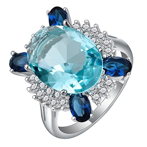 Ringe Damen mit Stein, Verlobungsring Silber Blau Ovaler und Blumenförmiger Zirkonia mit 4 Zinken Versilbert Schmuck Größe 52 (16.6) mit Box von Dsnyu