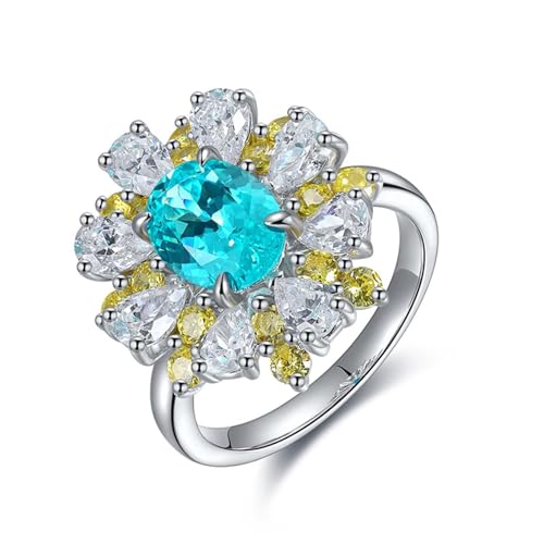 Ringe Frauen Blumen, Eheringe Sterlingsilber mit 3,18 ct Künstlichem Paraiba-Turmalin Silber Modeschmuck Größe 61 (19.4) von Dsnyu