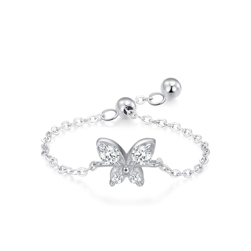 Ringe Silber 925 Damen, Verlobungsringe Verstellbare Kette mit Schmetterlingsmotiv Zirkonia Runde Form Silber Schmuck Größe Verstellbar von Dsnyu