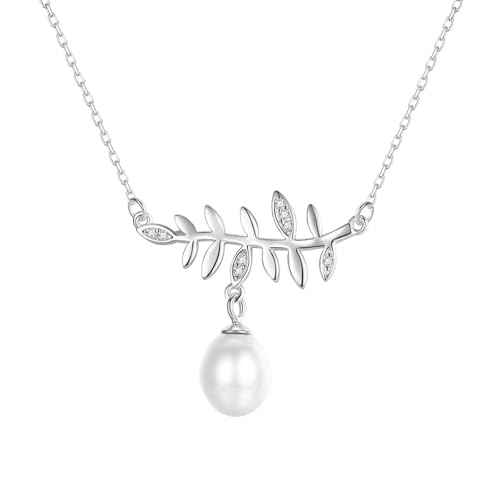 Silber Halskette Lang, Kette Silber 925 Lang Blatt mit Perlenanhänger und Zirkonia Damen Schmuck Silber Halskette Lang, Kette Silber 925 Lang Blatt mit Perlenanhänger und Zirkonia Damen Schmuck von Dsnyu