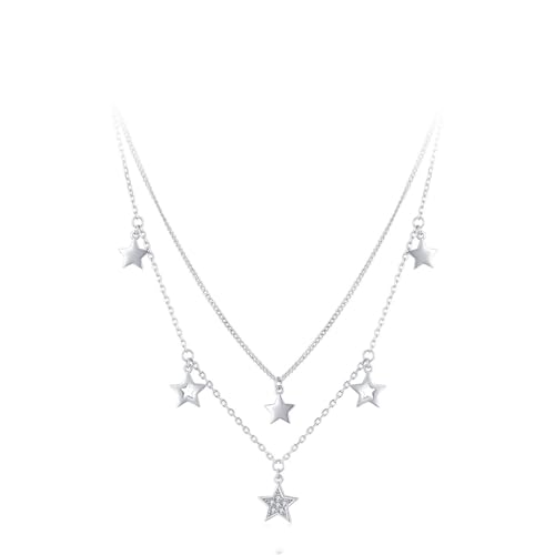 Silber Ketten Damen 925, Halskette Lang Stern 2-Schichten-Anhänger Zirkonia Silber Schmuck Geschenk für Geburtstag von Dsnyu