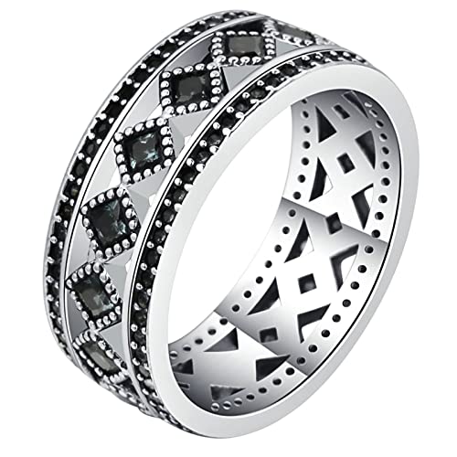 Silber Ring Zirkonia, Schmuck Damen Ringe Schwarz Hohlmuster mit Zirkonia Versilbert Größe 57 (18.1) Geburtstag Geschenk von Dsnyu