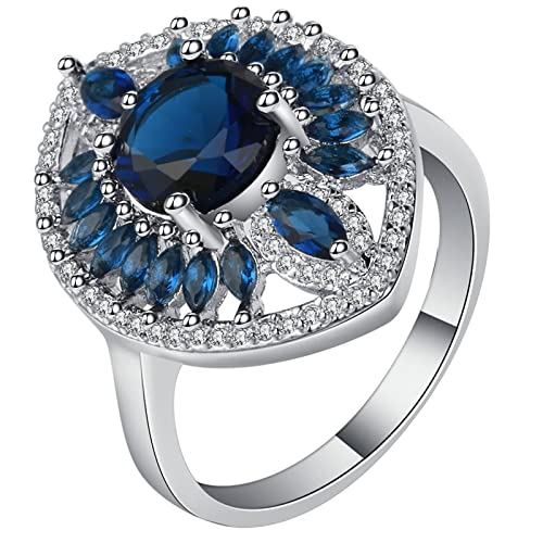 Silver Ring Woman, Promise Ring Damen Dunkelblau Sonnenblume mit Zirkonia Versilbert Schmuck Größe 60 (19.1) Komfort Fit von Dsnyu