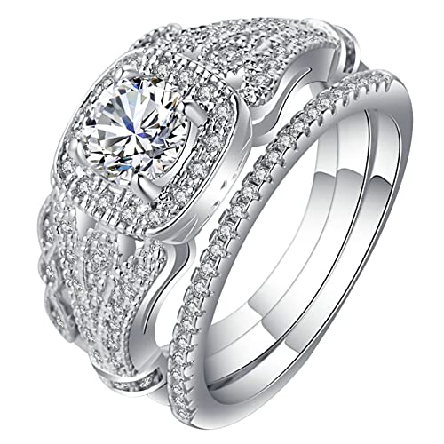 Silver Ring for Woman, Ringe Damen Vintage Weiß 3-Teiliges Ringset mit Zirkonia Versilbert Schmuck Größe 54 (17.2) mit Box von Dsnyu