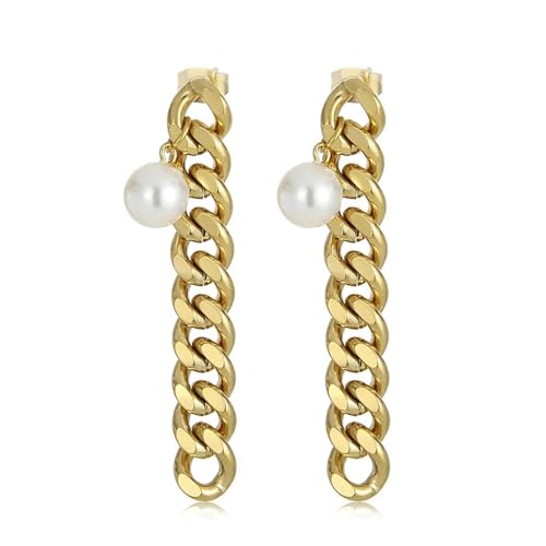 Stainless Steel Earrings, Gold Ohrringe Kette mit Perle Ohrstecker Weiß Damen Schmuck Tragus Piercings von Dsnyu