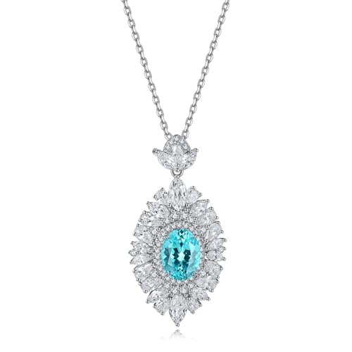 Sterling Silber Kette, Ketten Damen Modeschmuck Blume mit 4,02 ct Künstlichem Paraiba-Turmalin Anhänger Ketten Silber für Ehefrau Mutter von Dsnyu