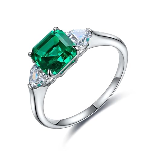 Sterling Silber Ring, Damen Ringe Vintage mit 3 Steinen 1,49 ct Künstlicher Smaragd Silber Modeschmuck Größe 57 (18.1) von Dsnyu