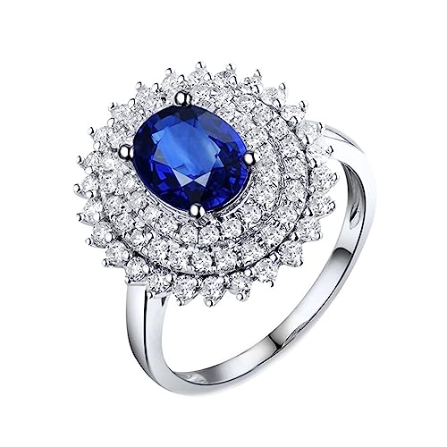 Verlobungsring 750, Schmuck Ringe Damen Cluster Blume 4 Prong Labor Geschaffener Saphir 1.57ct Ovale Form Blau Eheringe Gr.53 (16.9) 18K Weißgold von Dsnyu