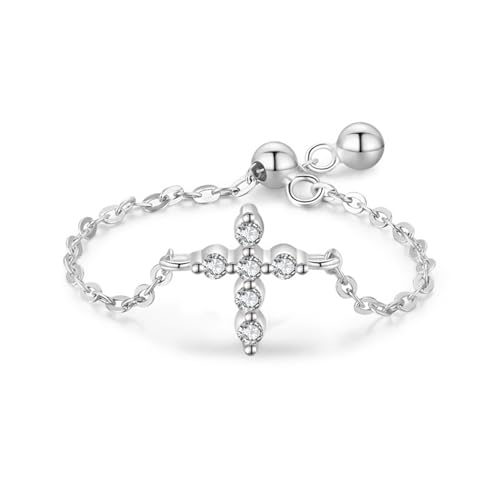 Verlobungsring Damen 925 Sterling Silber, Hochzeitsringe Kreuzverstellbare Kette Zirkonia Runde Form Silber Schmuck Größe Verstellbar von Dsnyu
