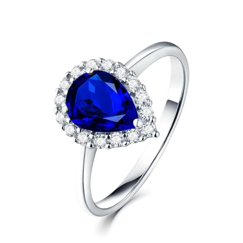 Verlobungsring Damen Halo, Saphir Ring Echt 18 Karat Weißgold 1,09 Ct Saphir Im Tropfenschliff mit Weißem Diamant Blau Modeschmuck Gr.56 (17.8) von Dsnyu