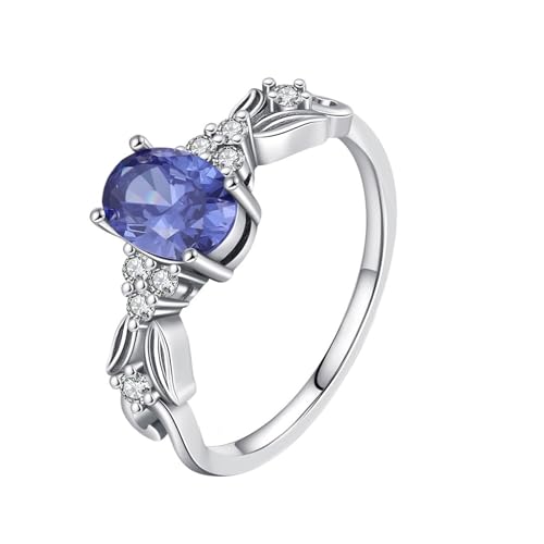 Verlobungsringe Damen, Ring Gold 375 Echtgold 9K Weißgold Im Labor Hergestellter Saphir 5X7mm Ovale Form Altmodisch Blatt Geschenk für Geburtstag Größe 50 (15.9) von Dsnyu