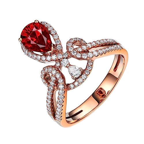 Vorsteckring Gold 750, Ring Frauen Verlobung Kronen Wassertropfen Design Labor Geschaffener Rubin Birnenform Rot Eheringe Gr.53 (16.9) 18K Roségold von Dsnyu