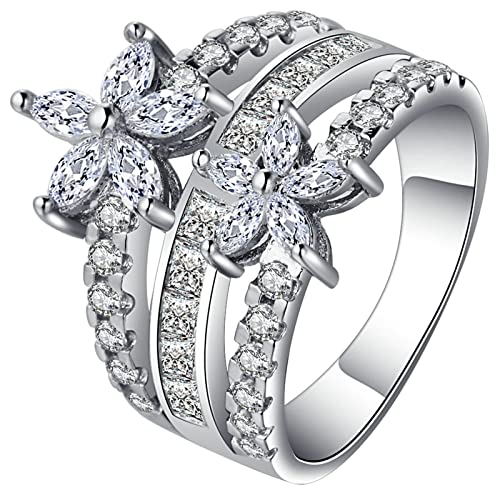 Wedding Ring Silver, Ring Größe 60 Damen Weiß mit Blumen-Zirkonia Versilbert Schmuck Komfort Fit von Dsnyu