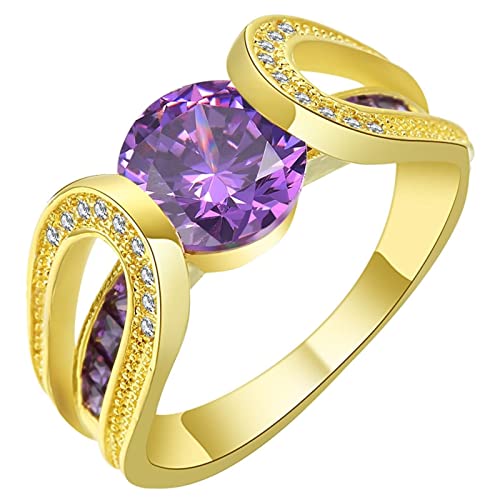 Wedding Ring Women, Promise Ring Vergoldet Gold-Lila Runder Zirkonia Damen Schmuck Größe 57 (18.1) Geburtstag Geschenk von Dsnyu