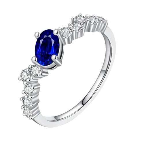 Weißgold Ring 585 Damen, Verlobungsringe 14K Gold Im Labor Hergestellter Saphir 4X6mm Ovale Form Eleganter 4-Zinker Geschenk für Geburtstag Größe 61 (19.4) von Dsnyu