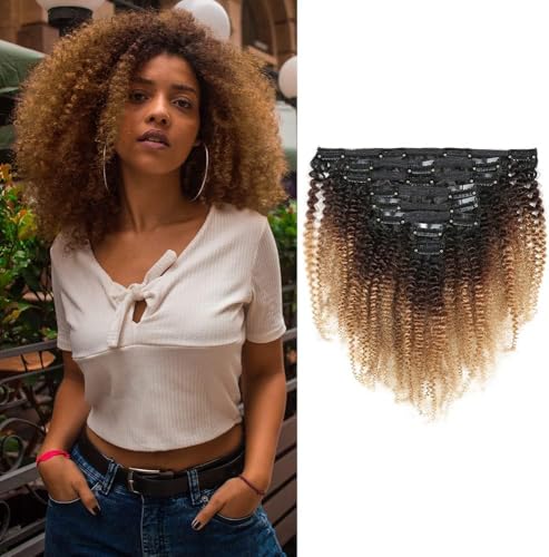 14 Zoll 8Pcs/Set Remi Echthaar Clip in Extensions Afro Kinky Curly Double Wefts für Schwarze Frauen Ombre Farbe 120 Gramm/Set(T1B-4-27#) von Dsoar