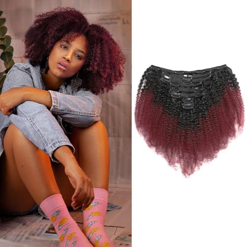 14 Zoll 8Pcs/Set Remi Echthaar Clip in Extensions Afro Kinky Curly Double Wefts für Schwarze Frauen Ombre Farbe 120 Gramm/Set(T1B-99J#) von Dsoar