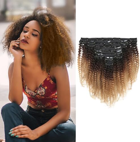 18 Zoll 8A Remi Human Hair Clip in Extensions 8Pcs/Set Afro Kinky Curly Double Wefts für Schwarze Frauen Ombre Farbe 120 Gramm/Set(T1B-4-27#) von Dsoar