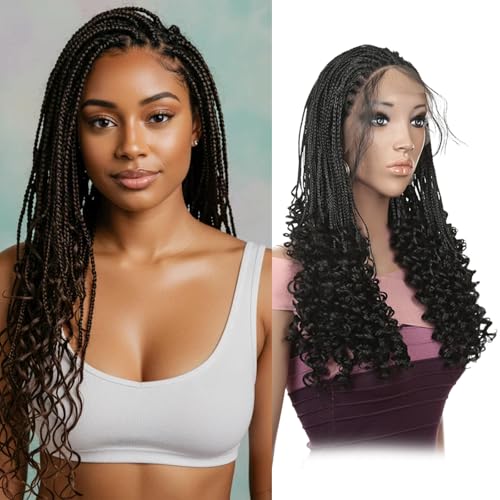 Dsoar Boho Box Braid Perücke Lace Frontal 24 Zoll Knotenlose Geflochtene Perücke mit Babyhaar Synthetische Locs mit Lockigen Enden für Frauen von Dsoar
