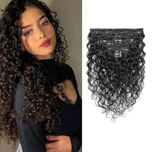 Wasserwellen Clip In Extensions aus Echthaar Clip Ins Vollkopf Haarverlängerungen für Schwarze Frauen Natürliche Schwarze Farbe 8 Stück/Set 22 Zoll von Dsoar