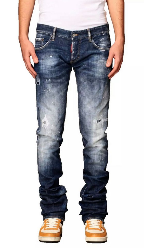 Dsquared2 5-Pocket-Jeans Skater Jeans Distressed Cloudy Wash mit Farbspritzern Gelbe Kontrastnähte, brauner Kalbsleder-Patch, roter Logo-Patch von Dsquared2