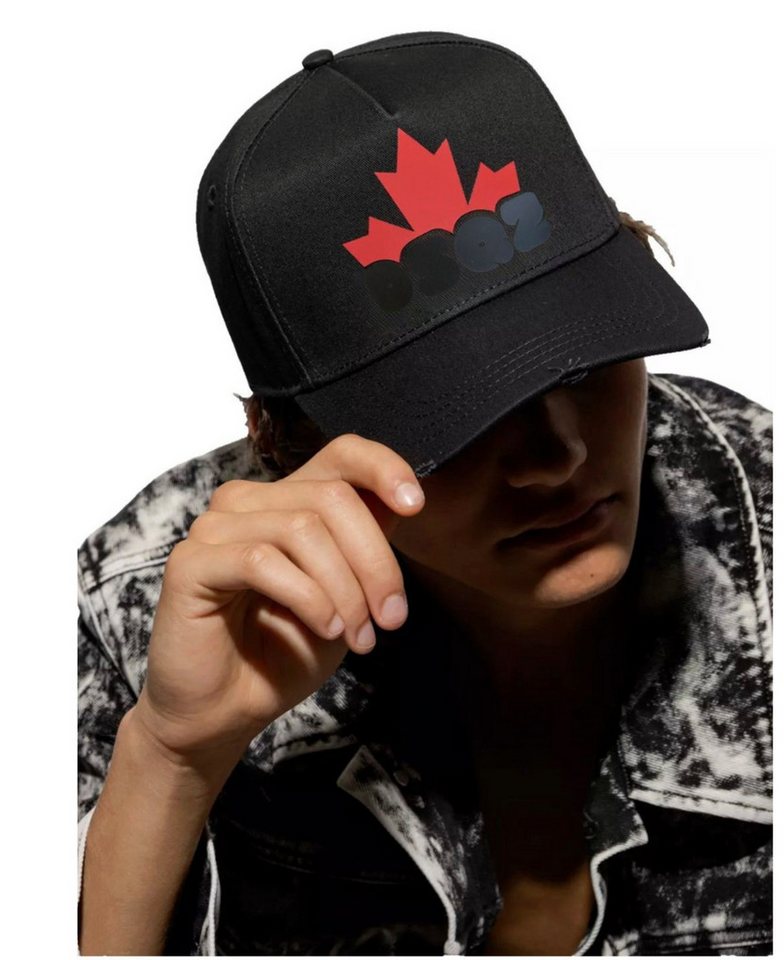 Dsquared2 Baseball Cap Baseball Kappe Black Maple Leaf DSQ2 Logo Verstellbarer Riemen, abgenutztes Vintage-Finish von Dsquared2