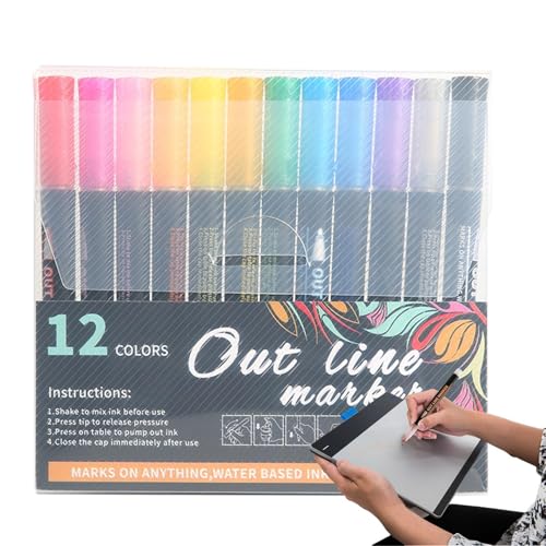 Dtaigou Doppellinien-Farbstifte,Doppellinien-Konturstifte | 12 Farben zum Zeichnen von Doppellinienstiften - Doppellinien-Markierungsstifte zum Malen von Grußkarten, Tagebüchern von Dtaigou