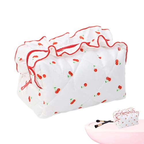 Dtaigou Gesteppte Kosmetiktasche, Gesteppte Kosmetiktasche, Reise-Make-up-Beutel mit Rüschen und Blumenmuster, Stilvoller Kulturbeutel, tragbarer Reise-Make-up-Beutel für Mädchen und Frauen von Dtaigou