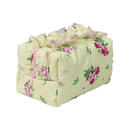 Dtaigou Kokette Kosmetiktasche, Gesteppte Kosmetiktasche - Rüschen-Blumen-Aufbewahrungs-Reißverschluss-Geldbörse | Stilvoller Make-up-Organizer, tragbare Reise-Make-up-Tasche für Mädchen und Frauen von Dtaigou
