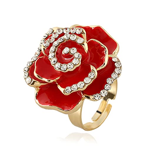 Dtja CZ Rose Flower Promise Ring für Frauen Mädchen Statement Diamant Kristall 3D Emaille Blumen Verstellbar Offen Wrap Fingerringe Bequeme Passform Vintage Elegant Hochzeit Valentinstag Urlaub von Dtja