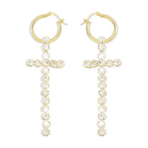 Ohrringe mit großem Zirkonia-Kreuz, für Damen und Mädchen, Zirkonia, übertriebenes Statement, baumelnd, 23 mm, hypoallergen, Glaubensschmuck, zierliche Geschenke, Metall, Zirkonia, von Dtja