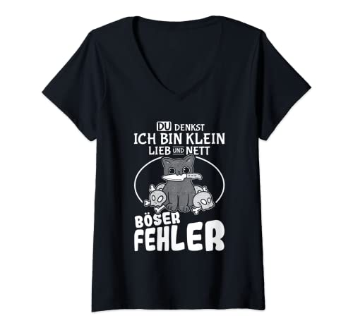 Damen Spruch Du denkst ich bin klein lieb und nett Böser Fehler T-Shirt mit V-Ausschnitt von Du denkst ich bin klein lieb und nett