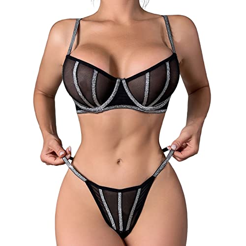 DuBiytlk Dessous für Damen, 2-teiliges -Teddy-Body-Dessous-Set, sexy Dessous-BH + Tanga-Pyjama, Unterwäsche, Netz-Set Tasse Sexy von DuBiytlk