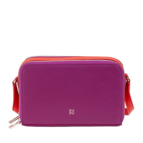 DUDU Umhängetasche Damen Klein aus Leder Doppelreißverschluss Brieftasche Handtasche Multipockets Fuchsia von DuDu