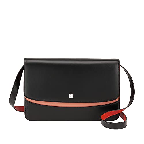 DuDu Damen-Lederumhängetasche, Made in Italy, Elegantes Design, feste Handtasche mit Klappe und 3 Fächern Schwarz von DuDu