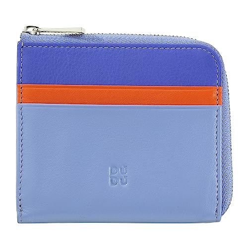 DUDU Herren-Brieftasche aus Leder mit Reißverschluss, Damen-Brieftasche, klein und kompakt. Außenreißverschluss, Münzfach und Kartenfächer Pastellblau von DuDu