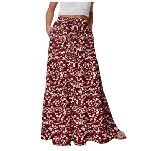 Duanminxi Damen Rock Lang Midi Rock Boho A Linie Faltenrock Knielang Sommerrock Leicht Und Luftig Röcke Mit Blumendruck Tellerrock Casual Hohe Taille Midirock Mit Taschen Gummizug von Duanminxi