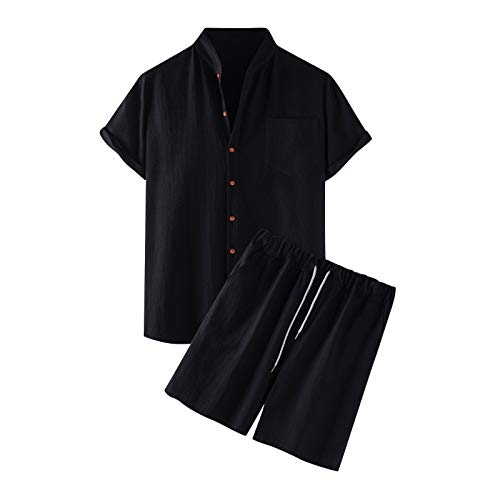Duanminxi Deals of The Day Zweiteiler Herren Leinenanzug Sommer Kurz Schlafanzug Mode Einfarbig Sommeranzug mit Kurzarm Leinenhemd und Leinen Shorts Schlichter Casual 2 Teiler Sets Leicht Luftig von Duanminxi