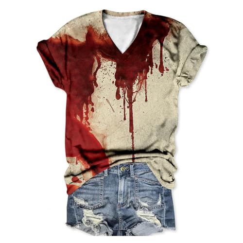 Duanminxi I'm Fine Blood Drucken Halloween T Shirt Problem Solved Print Kurzarm V-Ausschnitt Halloween Shirts mit Blutigem Bedrucktes T-Shirt Blut Verletzung Halloween-Kostüm Teenager Bluse Tops von Duanminxi