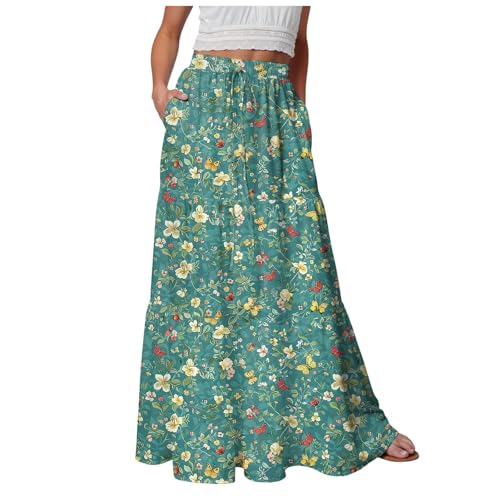 Duanminxi Rock Damen Knielang Sommerrock Leicht Und Luftig Boho Röcke Hohe Elastische Taille Maxirock Lang Casual Elegant A-Linie Strandrock Midi Frezeitrock Mit Taschen Gummizug von Duanminxi