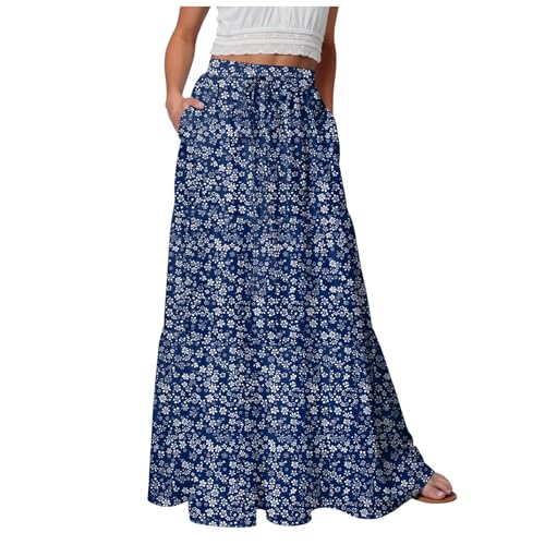 Duanminxi Skirts for Women Sommerrock Leicht Und Luftig Boho Röcke Hohe Elastische Taille Maxirock Lang Casual Elegant A-Linie Strandrock Midi Frezeitrock Mit Taschen Gummizug von Duanminxi