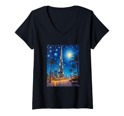 Damen Sternenhimmel-Skyline von Dubai Burj Khalifa T-Shirt mit V-Ausschnitt von Dubai Night Dreams