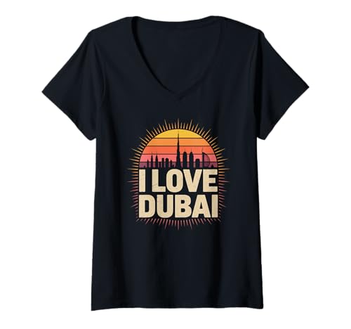 Damen Ich Liebe Dubai Sunset Skyline Silhouette T-Shirt mit V-Ausschnitt von Dubai Sunset Skyline Enthusiasts