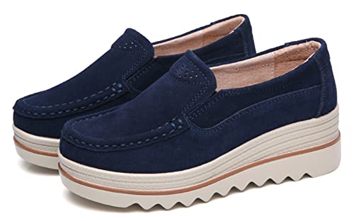 Duberess Damen Wildleder Leder Schlupfschuhe Keilabsatz Mokassin Loafers Casual Walking Schuhe Turnschuhe Plateau Sneaker, Blau 2, 40 EU von Duberess