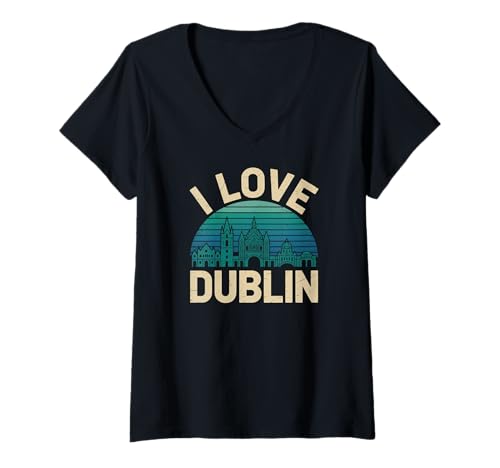 Damen Ich Liebe Dublin Skyline im Vintage-Stil T-Shirt mit V-Ausschnitt von Dublin Enthusiasts Cityscape Lovers