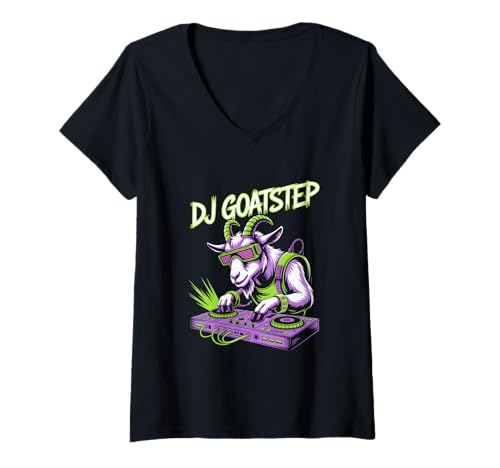 Damen DJ GOATSTEP Dubstep Bass Rave EDM Ziege DJ T-Shirt mit V-Ausschnitt von Dubstep Bassmusik EDM Rave DJ Ziege Mischpult