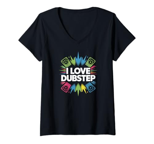Damen I Love Dubstep Bunte Lautsprecher T-Shirt mit V-Ausschnitt Damen I Love Dubstep Bunte Lautsprecher T-Shirt mit V-Ausschnitt von Dubstep Music Enthusiasts Beat Lovers