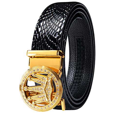 Dubulle Designer Ratsche Gürtel für Männer Leder Mode Einstellbare Automatische Schnalle Schieben Abnehmbare Kleid Casual, Goldkrone, Adjustable Fit 35" to 45" Waist von Dubulle